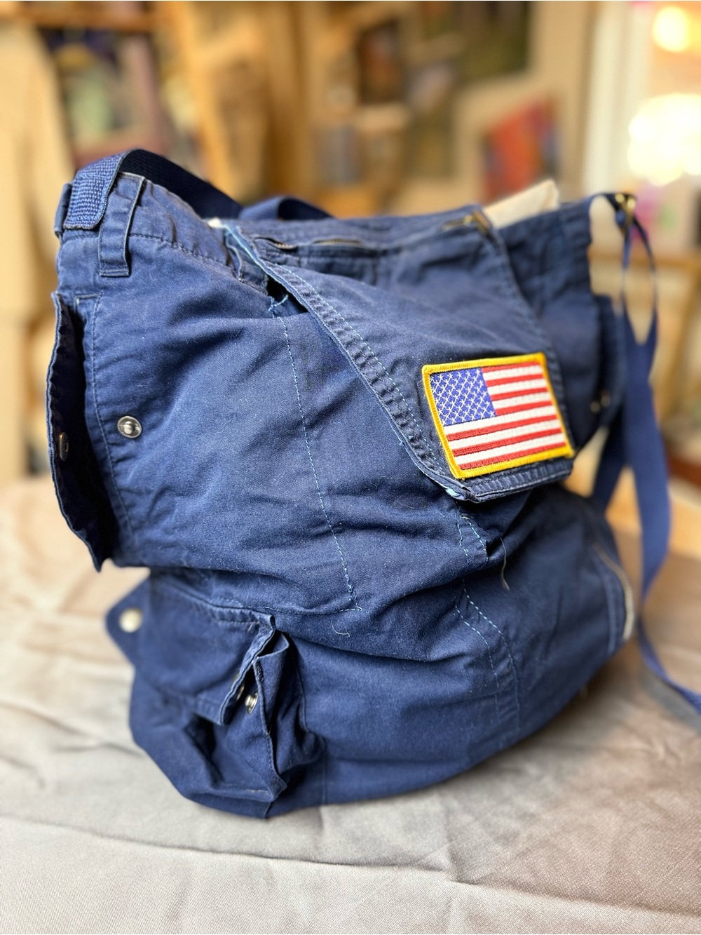 Navy Canvas Backpack Tote with American Flag Patch - Casual Everyday Bag